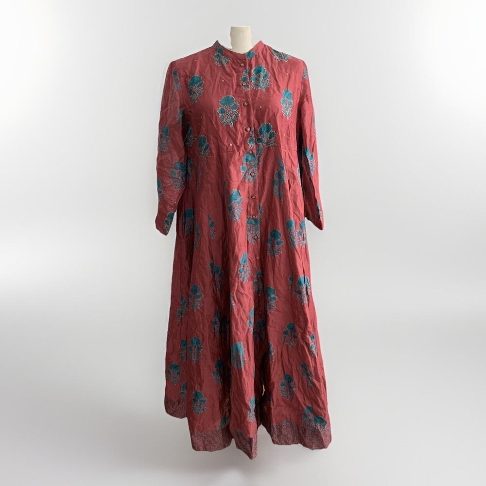 Fabindia Dress Silk Blend Gold Floral Hand Print M